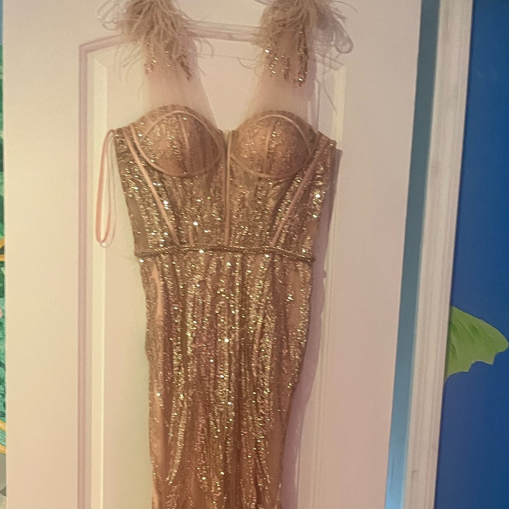 Evening gown mermaid fit with feathers on shoulders